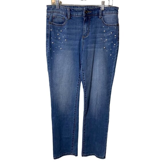 ST. John's Bay Jeans Straight Leg Embellish‎ Pearls Distressed Women Size 10 - Picture 1 of 13
